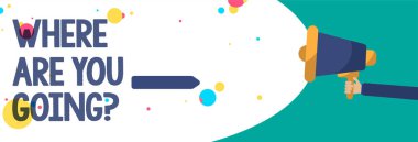 Nereye gösteren metin işareti size gidiş soru vardır. Birisi yaratıcı sanat çalışmaları tip fikir metin komut dosyası ileti renkli balon oval tasarım için nereye gittiğini soran kavramsal fotoğraf