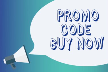 Promo kodu satın almak şimdi gösterilen Not yazma. Özel kelimeler duyuru sinyalizasyon gösterge uyarı hoparlör endişe verici bir komut dosyaları girerek büyük indirim veren vitrine iş fotoğraf