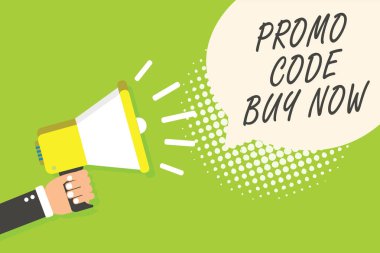 Promo kodu satın almak şimdi gösterilen Not yazma. Özel kelimeler hoparlör duyuru sinyal göstergesi komut dosyası sembol uyarı endişe verici girerek büyük indirim veren vitrine iş fotoğraf