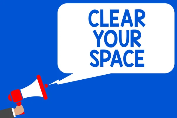 Word 文字清除您的空间 清洁办公工作室区域的业务概念让它清空刷新重新组织多行蓝色脚本消息声明公共发言人公告 — 图库照片