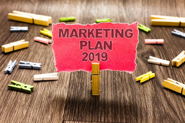 Escritura Mano Conceptual Que Muestra Plan Marketing 2019 Horario Texto — Foto de Stock