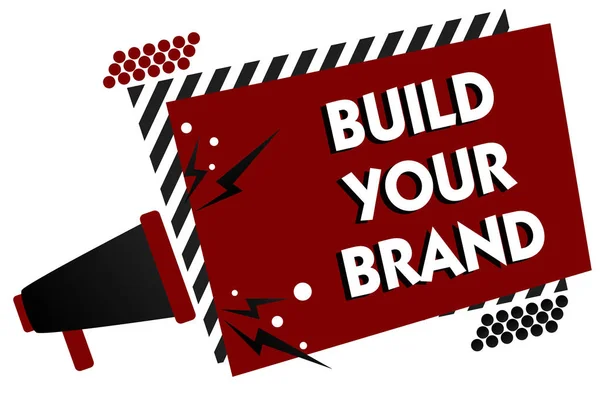 Conceptual hand writing showing Build Your Brand. Business photo text Make a commercial identity Marketing Advertisement Multiple text pattern red rectangle plate sound speaker design