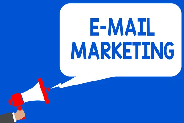 Word writing text E Mail Marketing. Business concept for E-commerce Advertising Online sales Newsletters Promotion Multiple lines blue script message declare public speaker announcement
