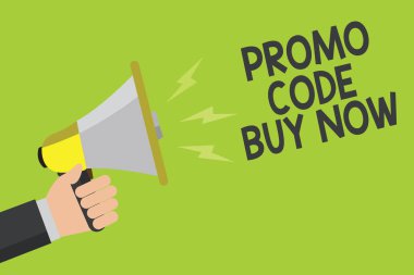 El yazısı metin Promo kodu satın almak şimdi. Özel kelimeler duyuru sembolü hoparlör endişe verici uyarı göstergesi fikir sinyal girerek büyük indirim veren anlam kavramı