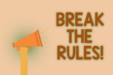 Word metin Break The Rules yazma. İş kavramı değişiklik yapma için her şeyi farklı isyan Reform el kahverengi hoparlör ses genel mesaj sıcak konu duyuru