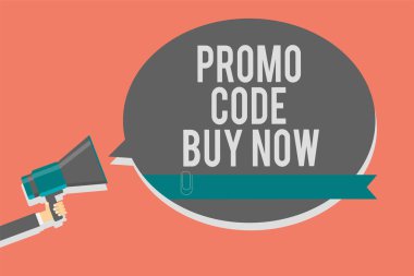 Promo kodu satın almak şimdi gösterilen Not yazma. Hoparlör endişe verici uyarı daire göstergesi fikir duyuru iş fotoğraf özel kelimeler girerek büyük indirim veren vitrine semboller