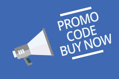 Promo kodu satın almak şimdi gösterilen metin işareti. Kavramsal fotoğraf verilmesi büyük indirim özel kelimeler sembol uyarı duyuru girerek göstergesi endişe verici hoparlör komut dosyaları sinyalleri