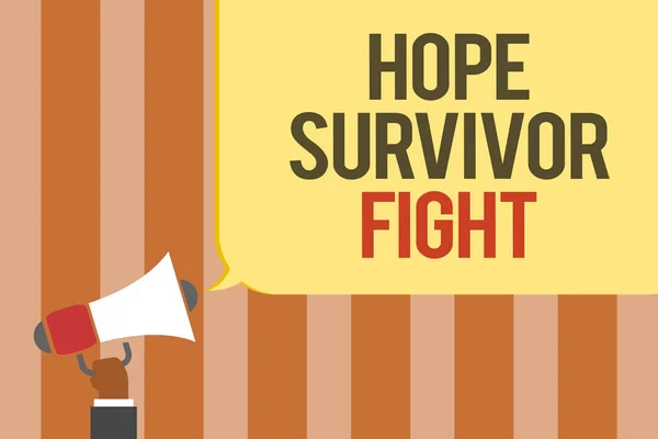 Writing note showing Hope Survivor Fight. Business photo showcasing stand against your illness be fighter stick to dreams Multiline text board typing make announcement declare messages idea