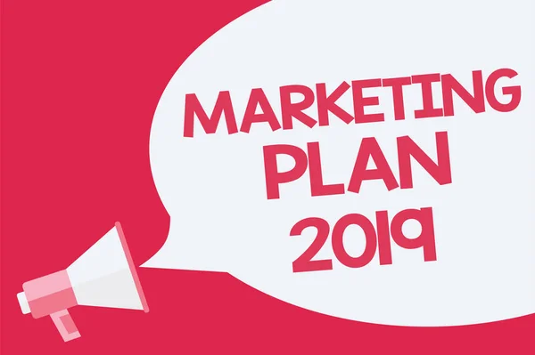 Escritura Mano Conceptual Que Muestra Plan Marketing 2019 Horario Presentación — Foto de Stock