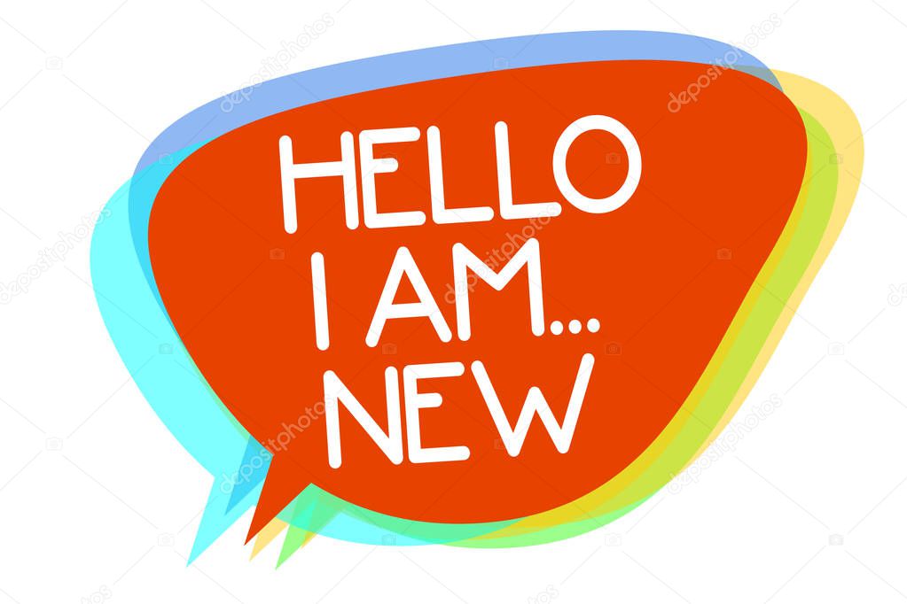 Conceptual hand writing showing Hello I Am... New. Business photo showcasing Introduce yourself Meeting Greeting Work Fresh worker School Multiline text layer design pattern red background think