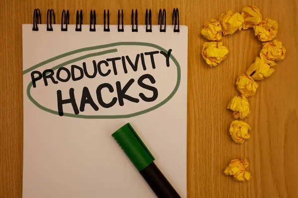Writing Note Showing Productivity Hacks Business Photo Showcasing Hacking Solution — Stock Photo, Image
