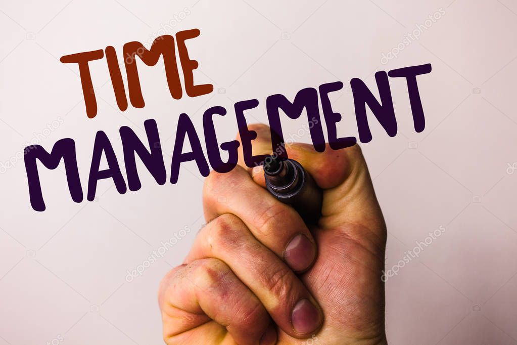 Word writing text Time Management. Business concept for Schedule Planned for Job Efficiency Meeting Deadlines Man holding pen pointing idea message black red letters white background