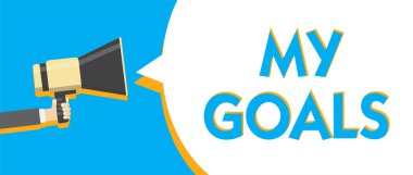 Kavramsal el My gol gösterilen yazma. İş fotoğraf metin gelecek veya konuşma balonu megafon hoparlör yüksek sesle konuşmak tutan adam elde etmek için bir kişi taahhüt sonucu istenen