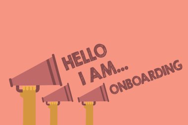 Merhaba gösterilen unutmayın yazılıyor... Onboarding. Mikrofon hoparlör önemli mesaj pembe arka plan tutan gemi veya uçak ellerde olduğunuzu söylüyorum kişi vitrine iş fotoğraf