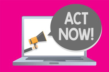 Kavramsal el hareket Şimdi gösterilen yazma. İş fotoğraf metin hızlı tepki eylemi yapmak için birini soran gürültü hoparlör kabarcık mesajı yüksek sesle konuşan holding adam gecikme yok olan