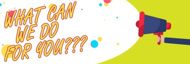 Word metin ne olabilir biz yapmak sizin için soru soru soru yazma. İş kavramı için nasıl yardımcı olabilirim yardımcı konuşmak renkli konuşma balonu çığlık megafon hoparlör tutan adam