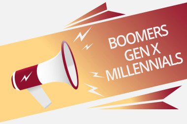 Kavramsal el Boomers Gen X Millennials gösterilen yazma. İş fotoğraf metin genellikle yaklaşık otuz yıl yüksek sesle konuşan megafon hoparlör kabarcık önemli bir mesaj olarak kabul