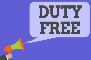 Duty Free gösterilen Not yazma. İş fotoğraf vitrine deposu veya witout vergi adam ithal ürünler satan establisbhement tutun konuşma balonu konuşurken megafon hoparlör bilgisayar ekranı