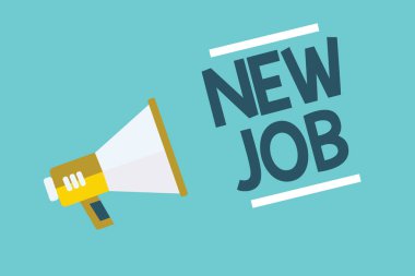 Yeni iş gösterilen Not yazma. İş fotoğraf vitrine imzalama sözleşme yüksek sesle konuşan bulma iş fırsat arayışı daha iyi maaş megafon hoparlör mavi arka plan önemli mesaj