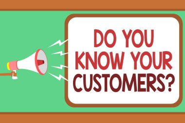 Word metin yazma müşteriler sorunuzu biliyor musun. İstemciler adam hakkında büyük bir arka plan sahip için iş kavramı megafon hoparlör konuşma balonu mesajı yüksek sesle konuşan holding