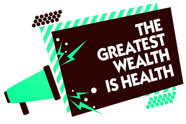 Word テキストの最も大きい富 健康を書きます 健康であることのためのビジネス コンセプト賞世話メガホン拡声器緑ストライプ フレーム重要なメッセージです大声で話す — ストック写真