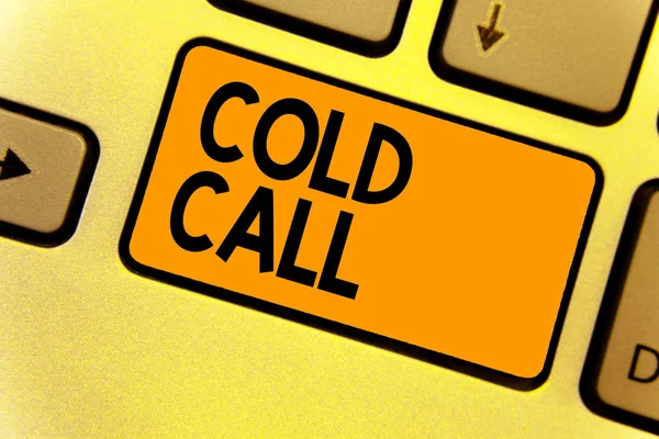 Word writing text Cold Call. Business concept for Unsolicited call made by someone trying to sell goods or services Keyboard yellow key Intention create computer computing reflection document