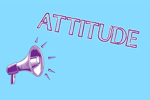 Word writing text Attitude. Business concept for settled way of thinking or feeling about something Personality Megaphone loudspeaker blue background important message speaking loud