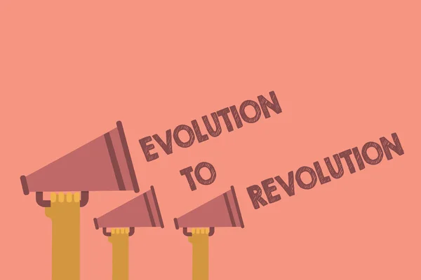 Writing note showing Evolution To Revolution. Business photo showcasing adapting to way of living for creatures and humans Hands holding megaphones loudspeaker important message pink background