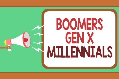 Word metin Boomers Gen X Millennials yazma. Genellikle iş kavramı için kabul yaklaşık otuz yıl adam olmak megafon hoparlör konuşma balonu mesajı yüksek sesle konuşan holding