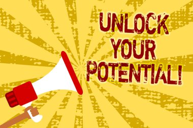 Kavramsal el unlock Your Potential gösterilen yazma. İş fotoğraf metin öz farkındalık megafon hoparlör grunge sarı önemli mesajlar tutarak daha fazla adam ulaşmak için becerilerini geliştirmek