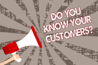 Gösterilen metin işareti müşteriler sorunuzu biliyorum. Kavramsal fotoğraf istemcileri önemli mesajlar megafon hoparlör grunge gri ışınları tutan adam hakkında büyük bir arka plan sahip