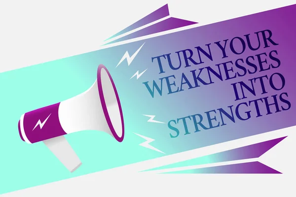 Text sign showing Turn Your Weaknesses Into Strengths. Conceptual photo work on your defects to get raid of them Megaphone loudspeaker speech bubble important message speaking out loud