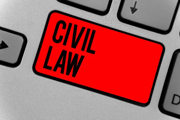 Text sign showing Civil Law. Conceptual photo Law concerned with private relations between members of community Keyboard red key Intention create computer computing reflection document