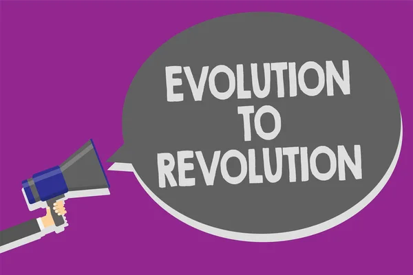Handwriting text Evolution To Revolution. Concept meaning adapting to way of living for creatures and humans Man holding megaphone loudspeaker speech bubble message speaking loud