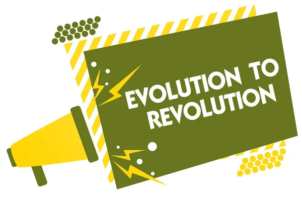 Writing note showing Evolution To Revolution. Business photo showcasing adapting to way of living for creatures and humans Megaphone loudspeaker yellow striped important message speaking loud