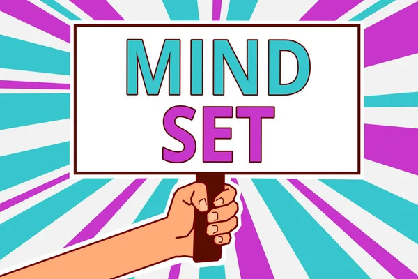 Conceptual hand writing showing Mind Set. Business photo showcasing A standard thought of a person of what he or she will be done Man hold board idea reflection intention strike background