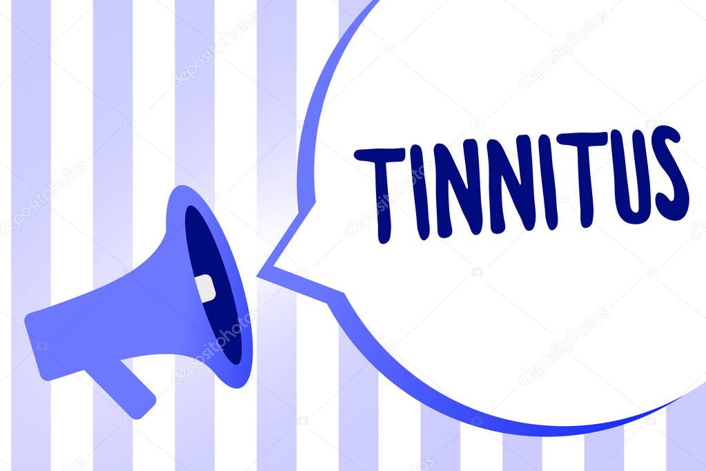 Word writing text Tinnitus. Business concept for A ringing or music and similar sensation of sound in ears Megaphone loudspeaker loud screaming scream idea talk talking speech bubble