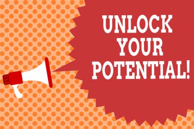 Unlock Your Potential gösterilen Not yazma. İş fotoğraf vitrine öz farkındalık daha fazla megafon hoparlör konuşma balonu mesaj turuncu arka plan noktalı resim elde etmek için becerileri geliştirmek