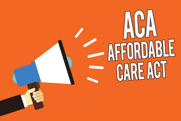 Writing note showing Aca Affordable Care Act. Business photo showcasing providing cheap treatment to patient several places Man holding megaphone loudspeaker orange background message speaking