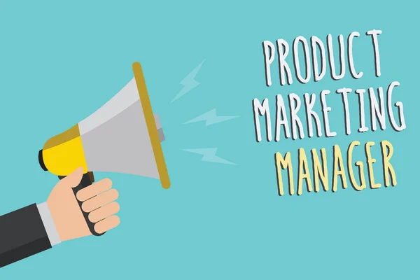 Text sign showing Product Marketing Manager. Conceptual photo who responsible for putting plan to sell product Man holding megaphone loudspeaker blue background message speaking loud
