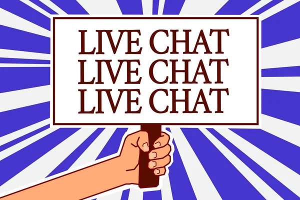Text sign showing Live Chat Live Chat Live Chat. Conceptual photo talking with people friends relatives online Man hand holding poster important protest message blue rays background