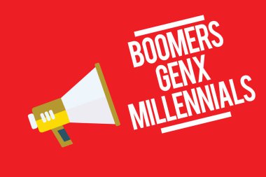 El yazısı metin Boomers Gen X Millennials. Genellikle yaklaşık otuz yıl yüksek sesle konuşan megafon hoparlör kırmızı arka plan önemli bir mesaj olarak kabul kavram anlam
