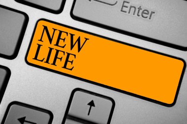 Yeni bir hayat gösterilen metin işareti. Kavramsal fotoğraf başlangıç bireysel veya hayvan klavye turuncu anahtarı gibi bir niyetim varlığını değişimin yansıma belge bilgisayar oluşturmak