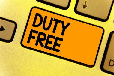 Metin yazma Duty Free kelime. Satıyor ithal ürünler witout vergi sarı tuş niyeti klavye iş konsept mağaza veya establisbhement için bilgisayar bilgi işlem yansıma belge oluşturma
