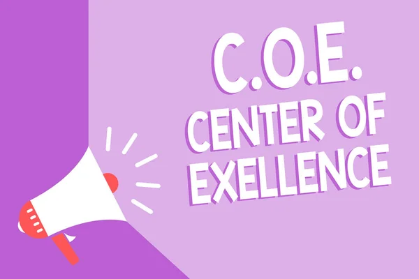 Word writing text C.O.E Center Of Excellence. Business concept for being alpha leader in your position Achieve Megaphone loudspeaker purple background important message speaking loud