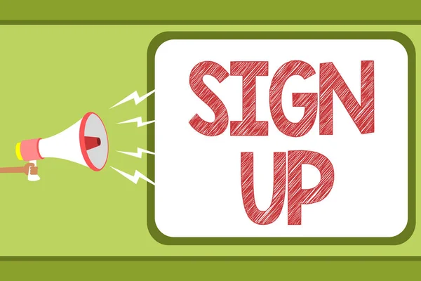 Handwriting text Sign Up. Concept meaning use your information to register in website team college or blog Man holding megaphone loudspeaker speech bubble message speaking loud