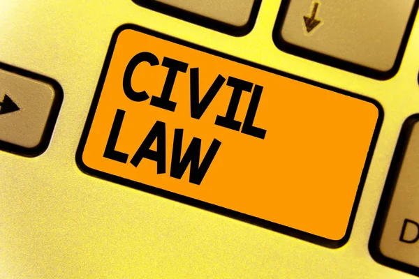 Word writing text Civil Law. Business concept for Law concerned with private relations between members of community Keyboard yellow key Intention create computer computing reflection document