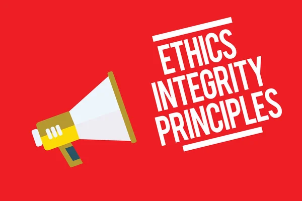 Handwriting text Ethics Integrity Principles. Concept meaning quality of being honest and having strong moral Megaphone loudspeaker red background important message speaking loud