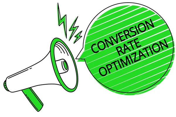 コンバージョン率の最適化を示すテキスト記号 訪問者メガホン拡声器緑吹き出しの割合を増加させるための概念的な写真システム ストライプ大声での重要なメッセージ — ストック写真