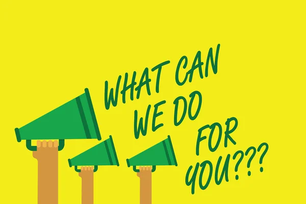 Handwriting text writing What Can We Do For You question question question. Concept meaning how may I help assist Hands holding megaphones loudspeakers important message yellow background